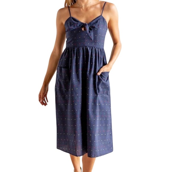 Francesca’s | Embroidered Polka Dot Midi Dress with Front Tie - Picture 1 of 10